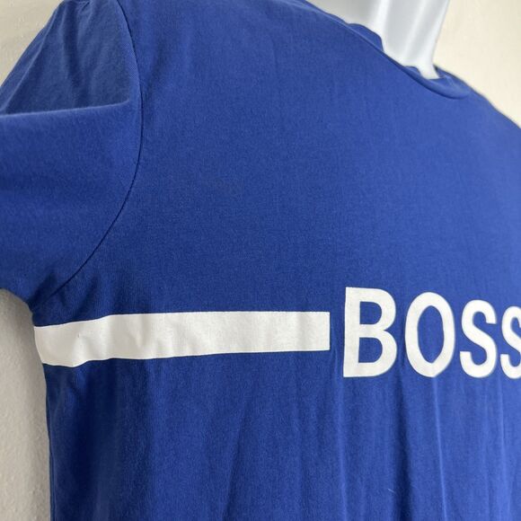 BOSS Hugo Boss Shirt Men Large Blue Short Sleeve Slim Fit Solid Spellout Tee - Picture 7 of 11